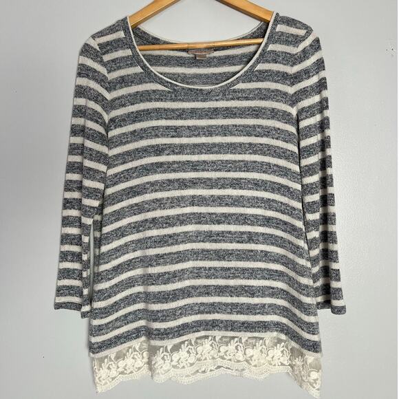 Loft Long Sleeve Striped Embroidered Lace Trim Scoop Neck Knit Top Size M - Picture 1 of 6